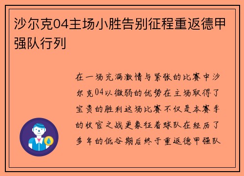 沙尔克04主场小胜告别征程重返德甲强队行列