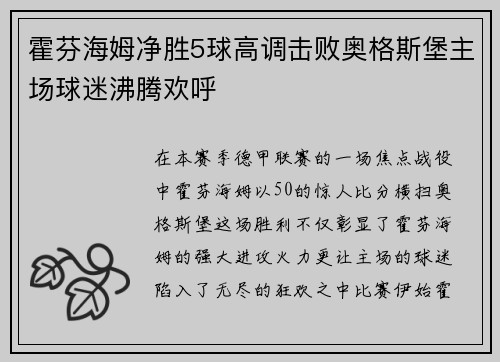 霍芬海姆净胜5球高调击败奥格斯堡主场球迷沸腾欢呼