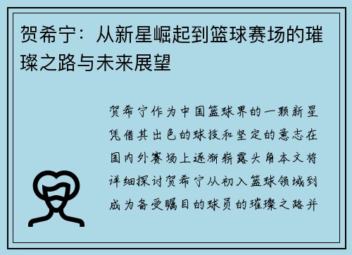 贺希宁：从新星崛起到篮球赛场的璀璨之路与未来展望