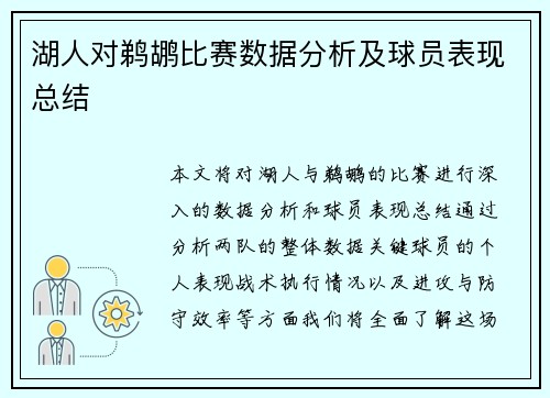 湖人对鹈鹕比赛数据分析及球员表现总结