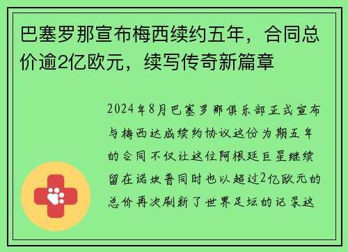 巴塞罗那宣布梅西续约五年，合同总价逾2亿欧元，续写传奇新篇章